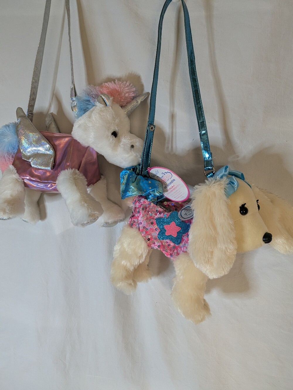 Plush Dog Shoulder Bag in Cream & Pink with Blue Accents Unicorn Silver Accents